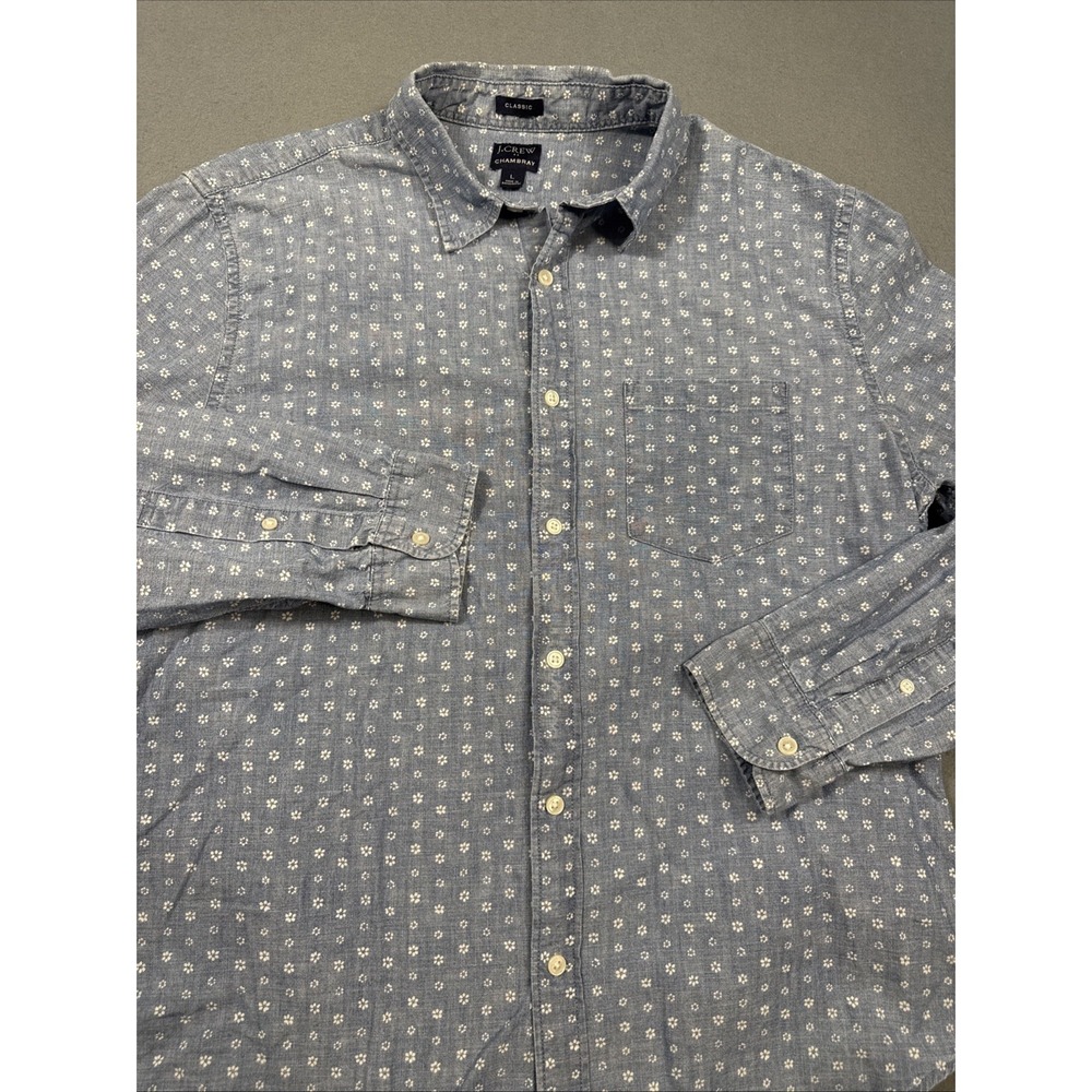 J.Crew Stretch Chambray Button Down Shirt Blue WHITE FLOWER PRINT Mens Large